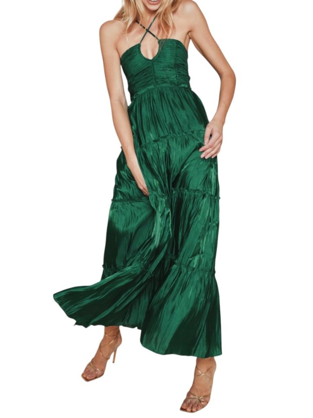 O.P.T. East Dress M Emerald Green Satin Tiered Halter Maxi NWT